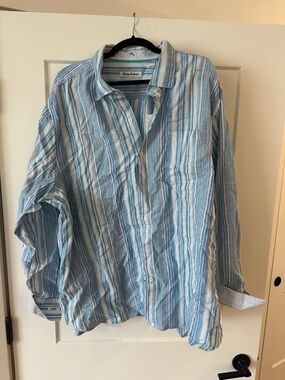 Tommy Bahama Light Blue and White Striped Relaxed Button-Down Shirt